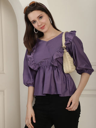 Purple Solid Women's Top With Frills