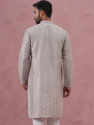 Traditional Silk-Blend Silver Kurta for Men