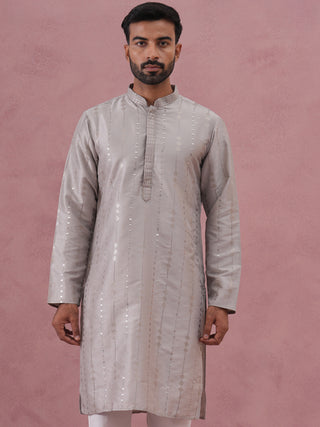 Traditional Silk-Blend Silver Kurta for Men