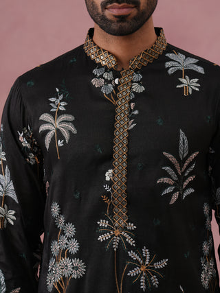 Botanical Embroidered Cotton Blend Kurta for Men