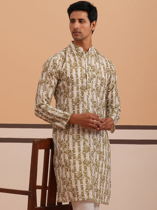 Olive Ethnic Printed Kurta for Men