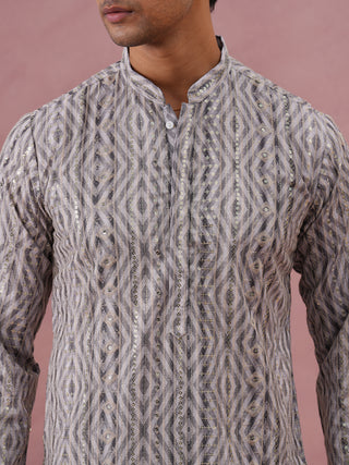 Grey Geometric Print & Sequin Kurta