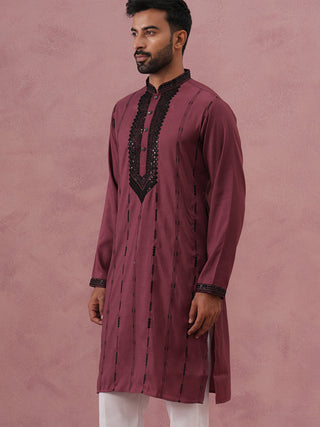 Wine Silk Blend Kurta with Black Geometric Embroidery