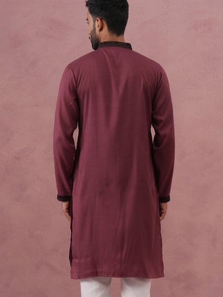Wine Silk Blend Kurta with Black Geometric Embroidery