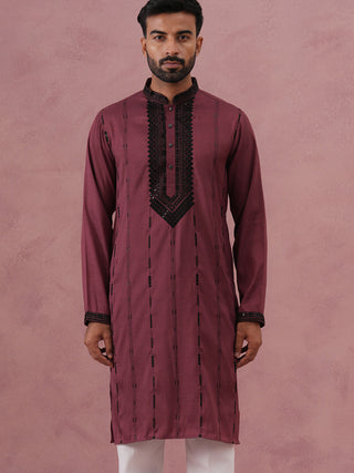 Wine Silk Blend Kurta with Black Geometric Embroidery