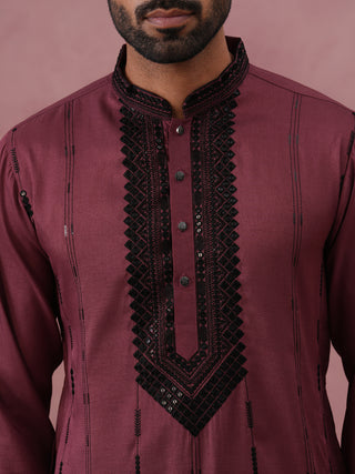 Wine Silk Blend Kurta with Black Geometric Embroidery
