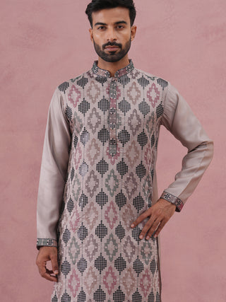 Grey Silk Blend Geometric Embroidered Kurta