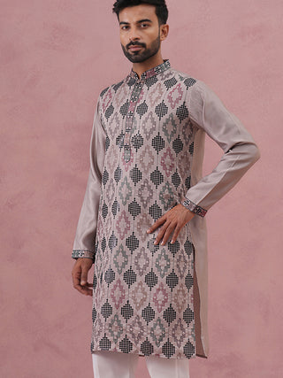 Grey Silk Blend Geometric Embroidered Kurta