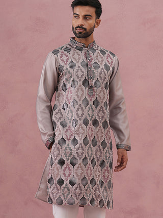 Grey Silk Blend Geometric Embroidered Kurta