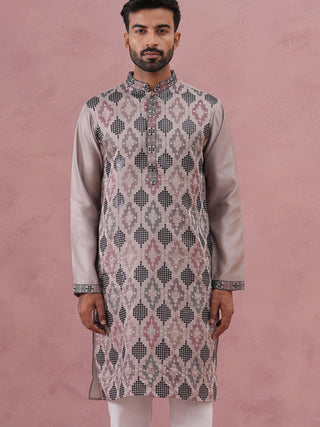 Grey Silk Blend Geometric Embroidered Kurta