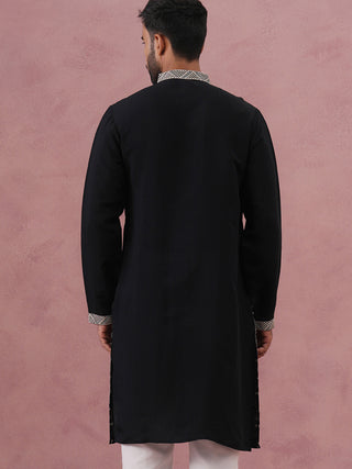 Black Silk Blend Kurta with Off White Geometric Embroidery