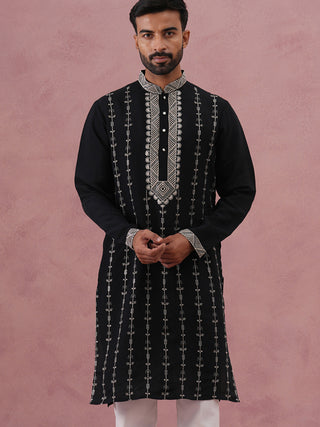 Black Silk Blend Kurta with Off White Geometric Embroidery
