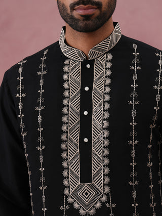 Black Silk Blend Kurta with Off White Geometric Embroidery