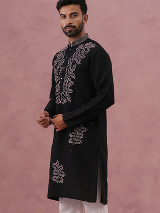 Black Silk Blend Embroidered Kurta