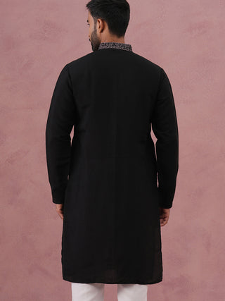 Black Silk Blend Embroidered Kurta