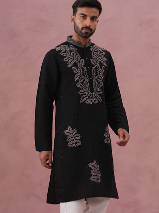 Black Silk Blend Embroidered Kurta