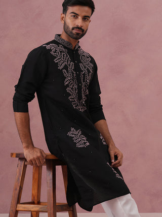 Black Silk Blend Embroidered Kurta