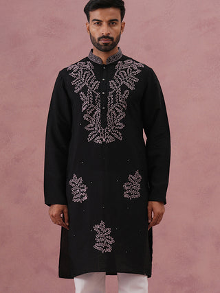 Black Silk Blend Embroidered Kurta