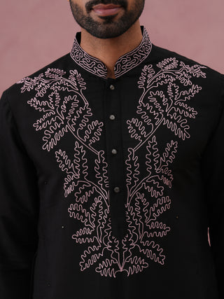 Black Silk Blend Embroidered Kurta