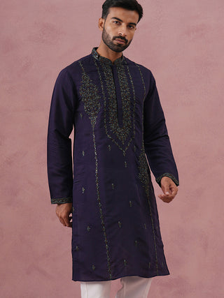 Navy Blue Silk Blend Embroidered Kurta