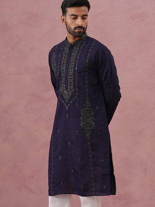 Navy Blue Silk Blend Embroidered Kurta