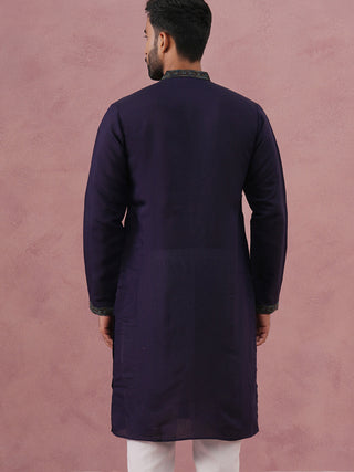 Navy Blue Silk Blend Embroidered Kurta