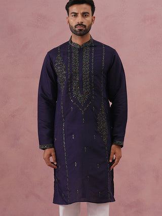 Navy Blue Silk Blend Embroidered Kurta
