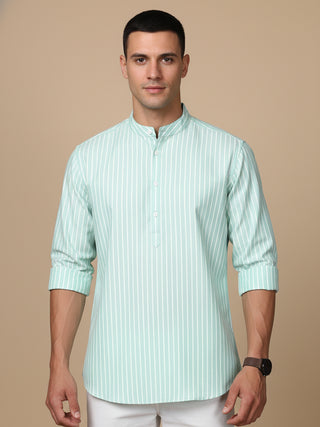 Men’s Green Striped Short Kurta