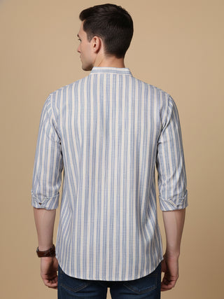 Cotton Blend Blue Striped Short Kurta