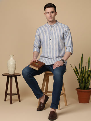 Cotton Blend Blue Striped Short Kurta