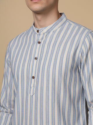 Cotton Blend Blue Striped Short Kurta
