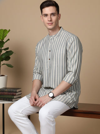 Cotton Blend Grey Striped Short Kurta