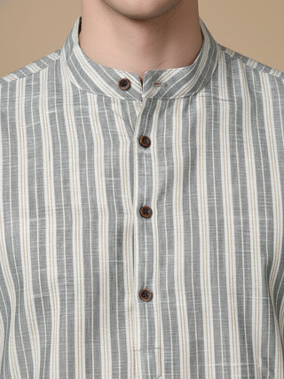 Cotton Blend Grey Striped Short Kurta