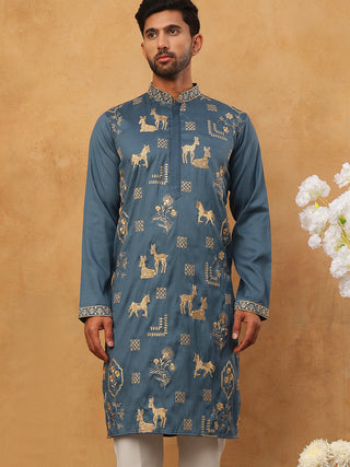 Men Silk Blend Kurta with Embroidery