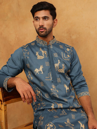 Men Silk Blend Kurta with Embroidery