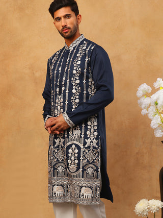 Men Silk Blend Embroidered Kurta