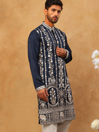 Men Silk Blend Embroidered Kurta