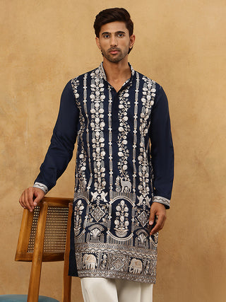 Men Silk Blend Embroidered Kurta