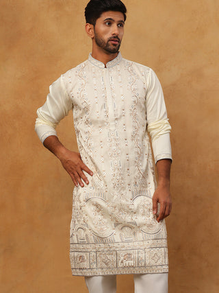 Men Silk Blend Embroidered Kurta