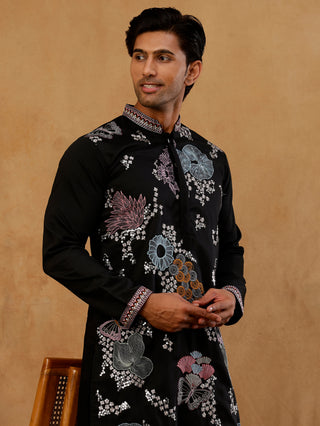 Black Silk Blend Embroidered Kurta for Men