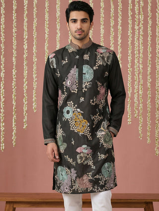 Black Silk Blend Embroidered Kurta
