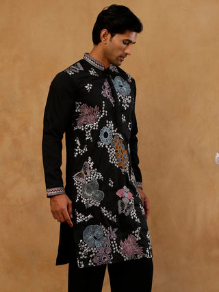 Black Silk Blend Embroidered Kurta for Men