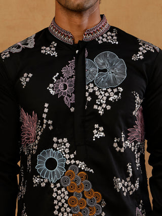 Black Silk Blend Embroidered Kurta for Men