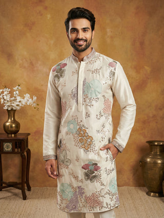 White Silk Blend Embroidered Kurta
