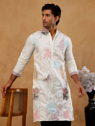 White Silk Blend Embroidered Kurta for Men