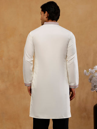 White Silk Blend Embroidered Kurta for Men