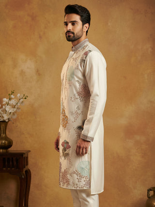 White Silk Blend Embroidered Kurta