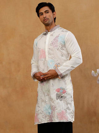 White Silk Blend Embroidered Kurta for Men