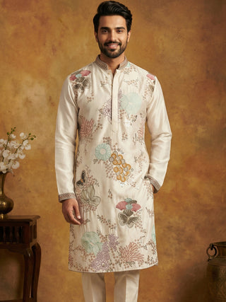 White Silk Blend Embroidered Kurta