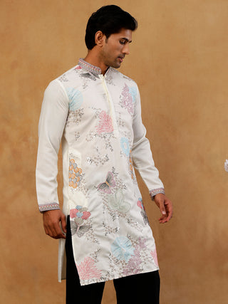 White Silk Blend Embroidered Kurta for Men